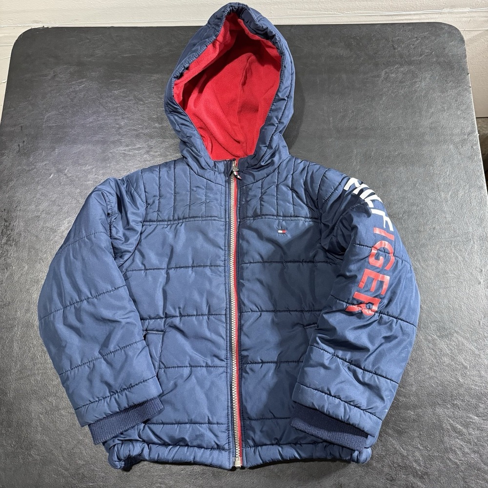 Tommy Hilfiger Jacket Youth Boys XS 5/6 Full‎ Zip Hooded Parka Spell Out Blue